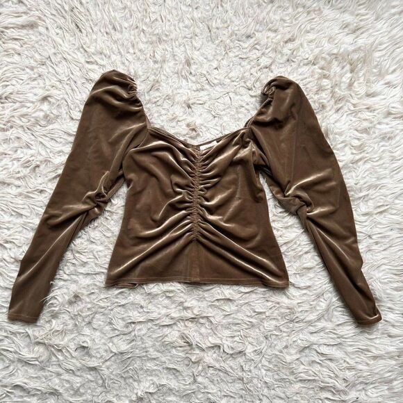 A.L.C. Chamberlain Ruched Long-Sleeve Square Neck Velvety Brown Top Size 10 NWOT - Picture 3 of 10